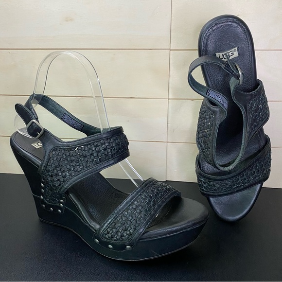 UGG Asia Platform Wedge Sandals Women's Size 9.5 Shoes Black Leather Weave - Picture 11 of 11